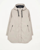A light beige hooded raincoat with black drawstrings and zippered pockets, displayed flat against a clean white background.