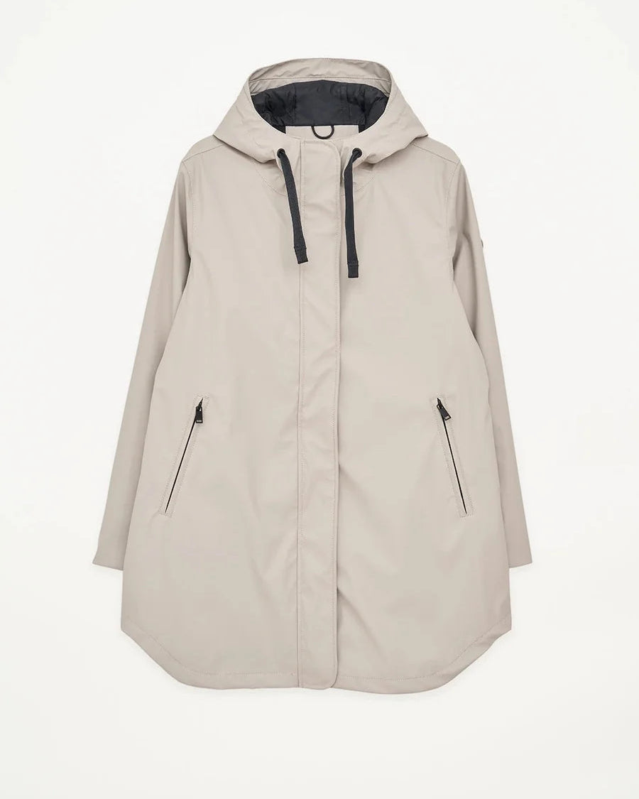 A light beige hooded raincoat with black drawstrings and zippered pockets, displayed flat against a clean white background.