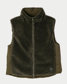 An olive green fleece vest with a full-zip front and stand-up collar, shown against a light gray background.