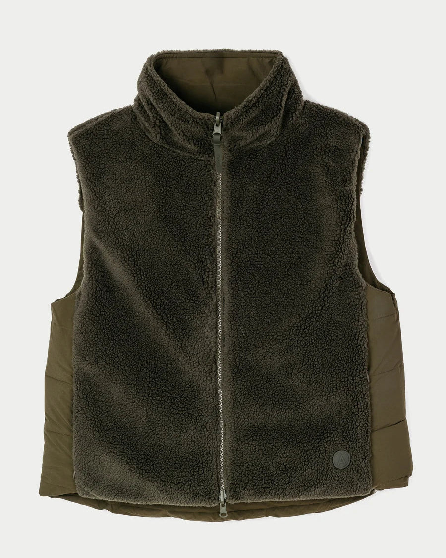 An olive green fleece vest with a full-zip front and stand-up collar, shown against a light gray background.