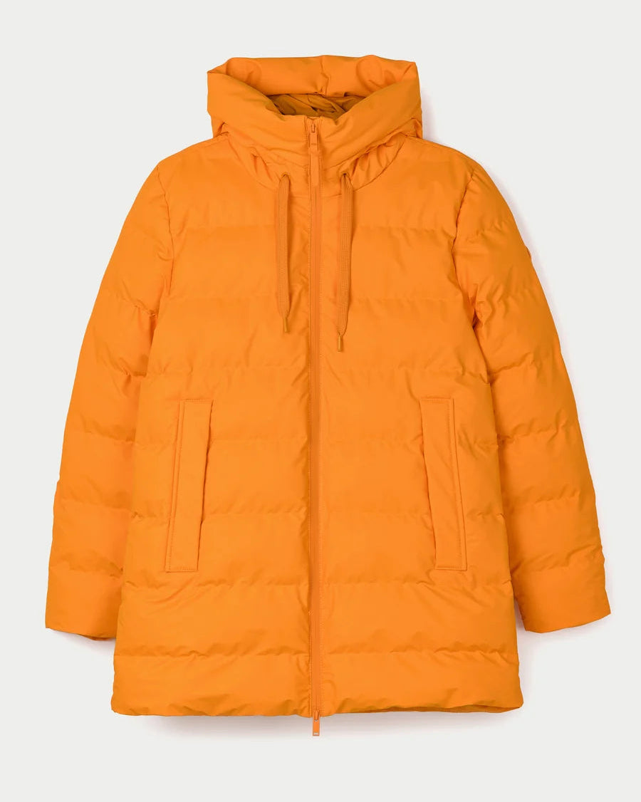 An orange hooded puffer jacket with horizontal quilting, front zipper, and two vertical front pockets, shown flat against a light gray background.