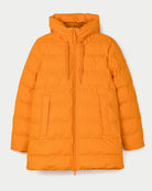 An orange hooded puffer jacket with horizontal quilting, front zipper, and two vertical front pockets, shown flat against a light gray background.