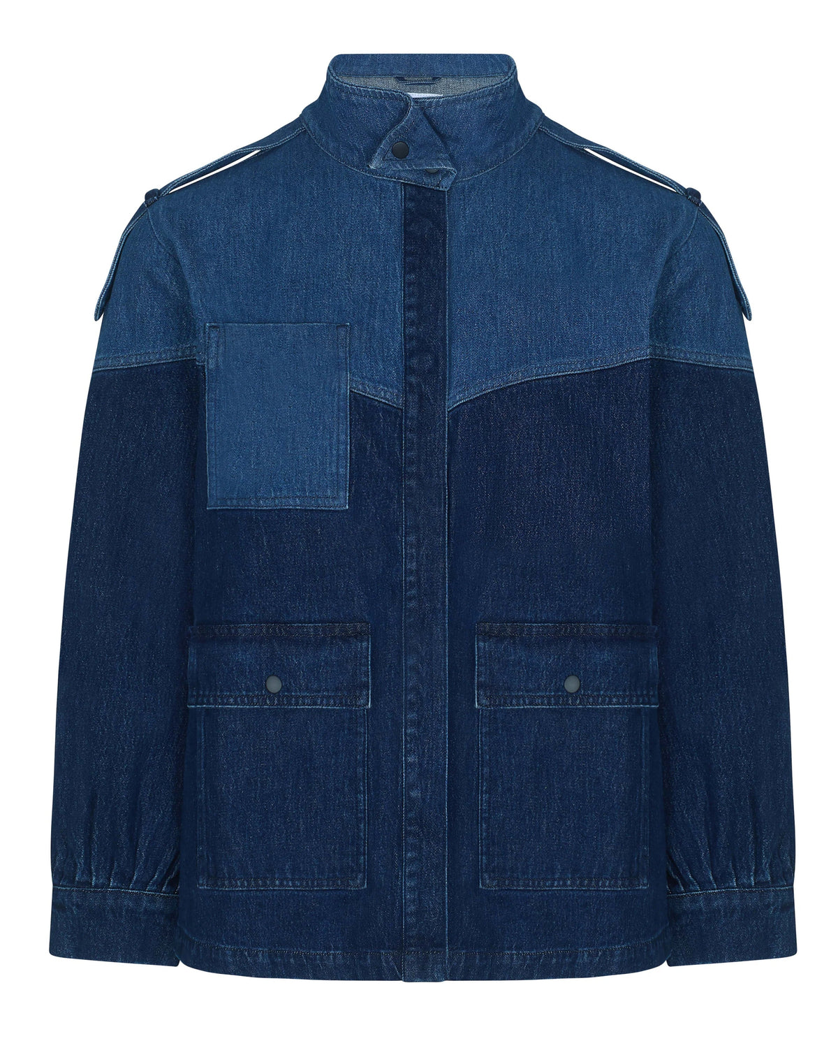 A color-block denim jacket featuring a mandarin collar, shoulder epaulets, and front flap pockets, shown against a plain white background.