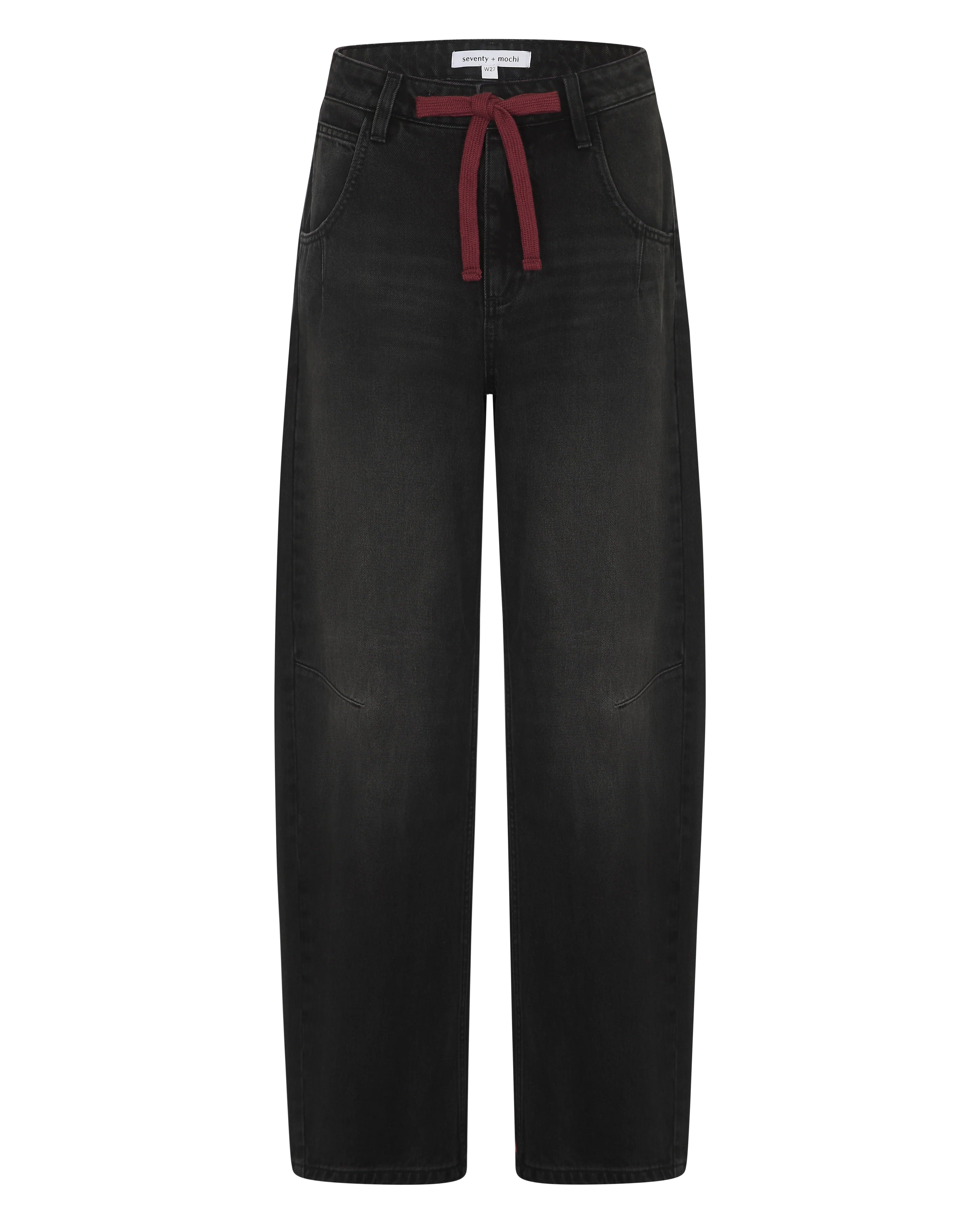 Black wide-leg jeans with a contrasting dark red drawstring at the waist, shown against a plain white background.