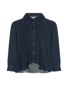 A dark navy blue denim shirt jacket with a pointed collar, button-up front, and a distinctive raw, frayed hem detail showing a lighter gray lining.