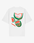 White t-shirt with watermelon graphic on a white background