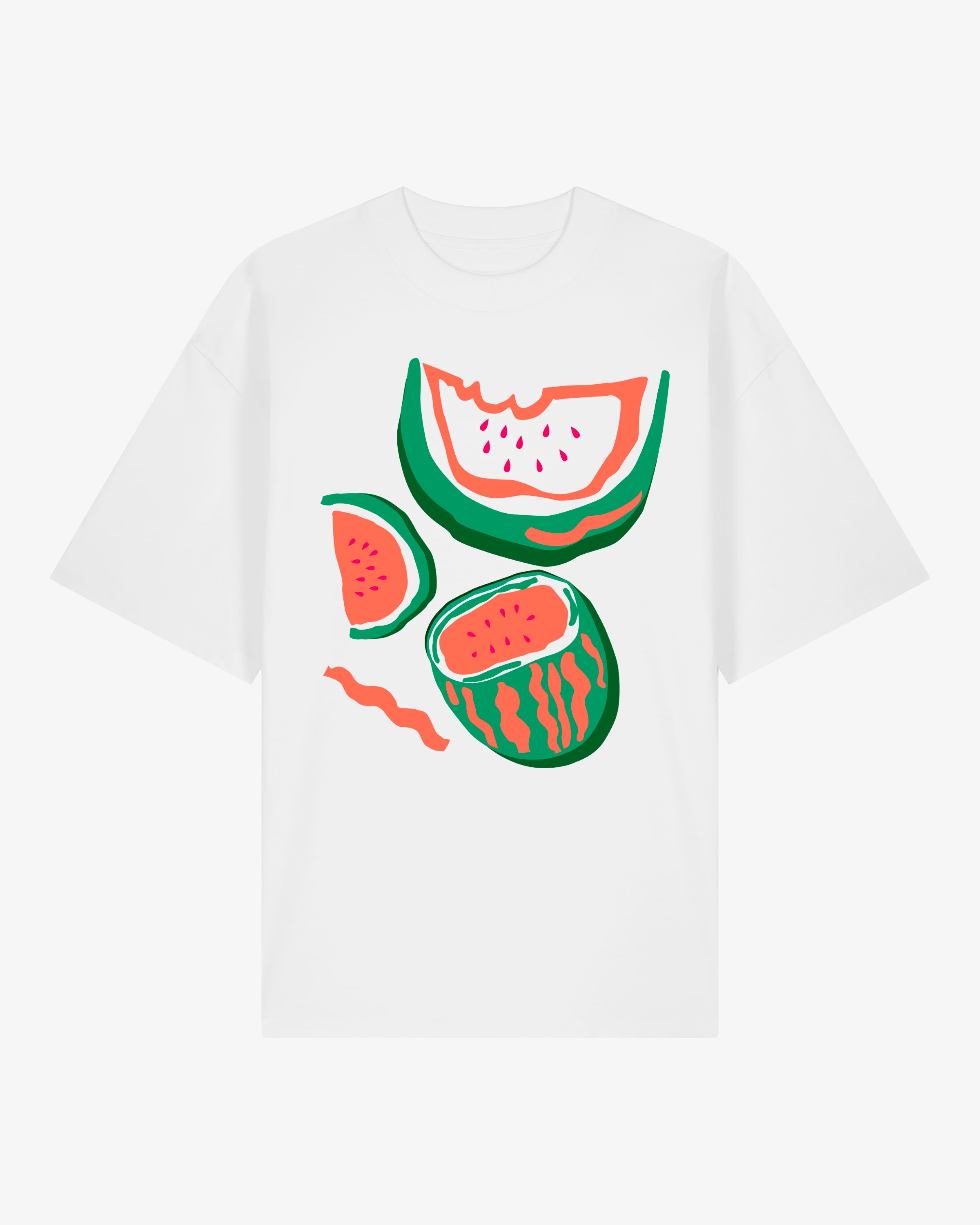 White t-shirt with watermelon graphic on a white background