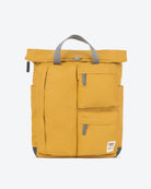 Yellow backpack with gray straps on a white background