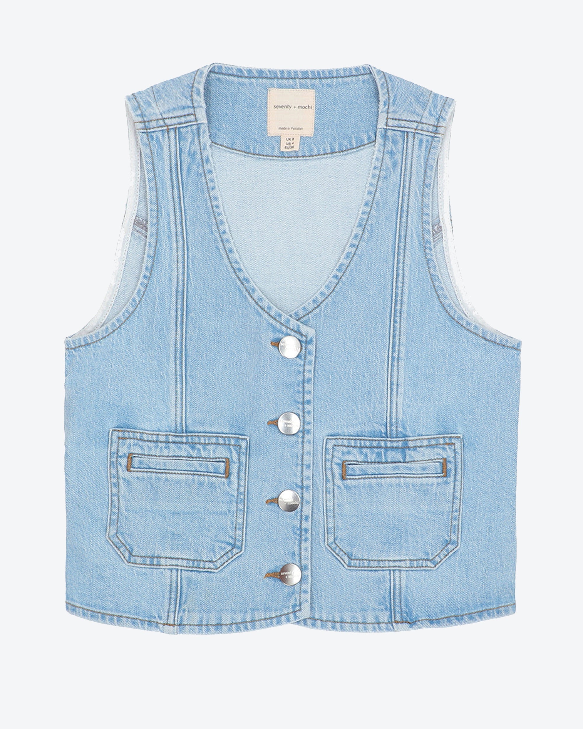 Light blue denim vest with button details on a white background