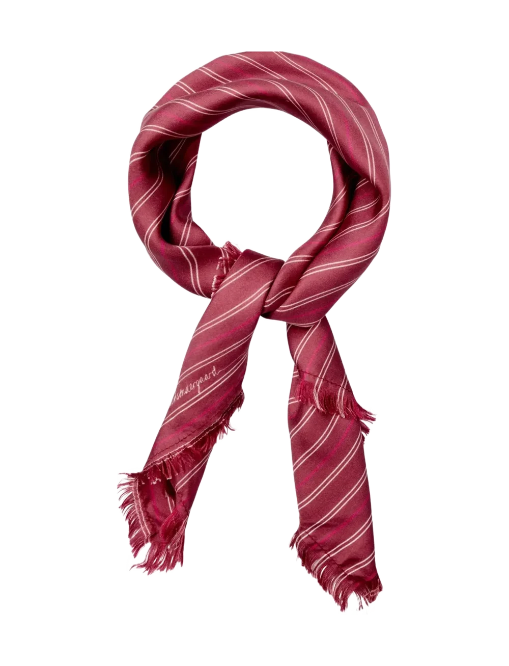 Red striped scarf with frayed edges on a white background