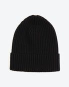 A black wool-ribbed beanie hat with a fold-over cuff.