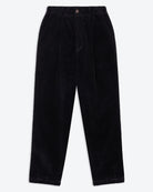 A pair of jet black lowie corduroy easy trouser with a 4-pocket design, belt loops, and pleats.