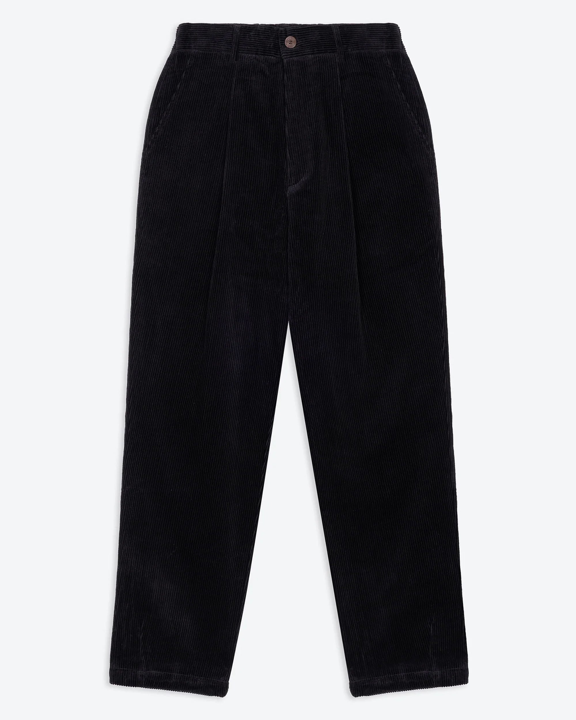 A pair of jet black lowie corduroy easy trouser with a 4-pocket design, belt loops, and pleats.