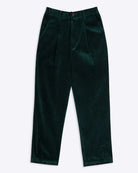 A pair of pine green Lowie corduroy easy trousers with a 4-pocket design, belt loops, and pleats, displayed against a white background.