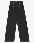 Black pants with button details on a white background