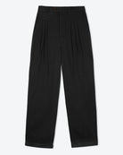 A pair of black pleat front trousers with a tab front opening and back jet pockets.