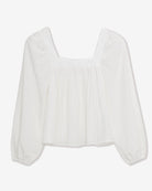 A white Tencel blouse with a square neckline, long sleeves, and elastic cuffs on a plain background.