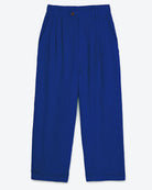 A pair of royal blue linen viscose pleat trousers with a wide leg, displayed against a plain background.