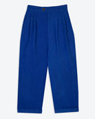 A pair of cobalt blue pleat front trousers with a tab front opening and back jet pockets, made from a twill fabric.