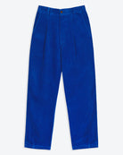A pair of electric cobalt blue corduroy easy trousers with a 4-pocket design, belt loops, pleats, and a tapered leg.