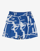 A pair of blue and white paint splash patterned holiday shorts with an elasticated waist and side pockets.