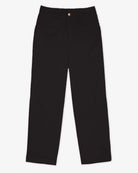 A pair of flat front black trousers with side and back pockets, made of cotton twill fabric with belt loops.