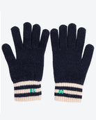 Pair of black gloves with striped cuffs on a white background