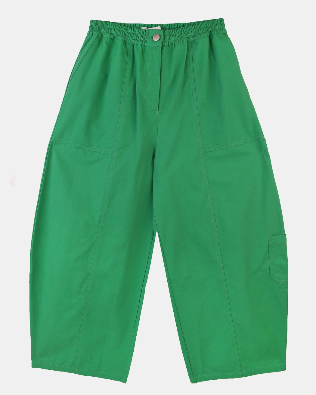 A pair of green cotton workwear style trousers with high elasticated waist and utility style pocket detailing.