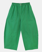 A pair of green cotton workwear style trousers with high elasticated waist and utility style pocket detailing.