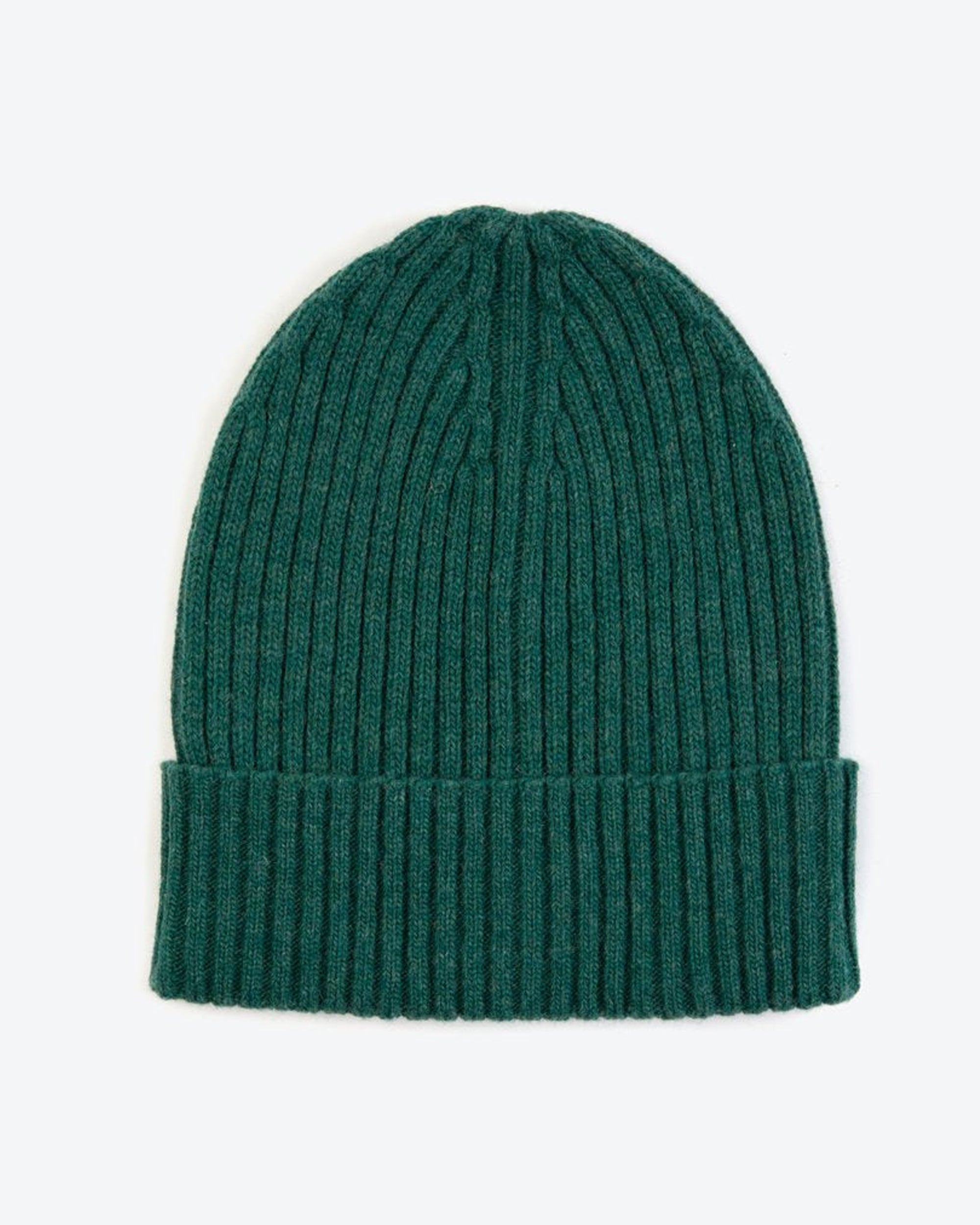 A green wool-ribbed beanie hat with a fold-up cuff.