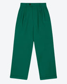 A pair of green pleat front trousers with a tab front opening and back jet pockets.