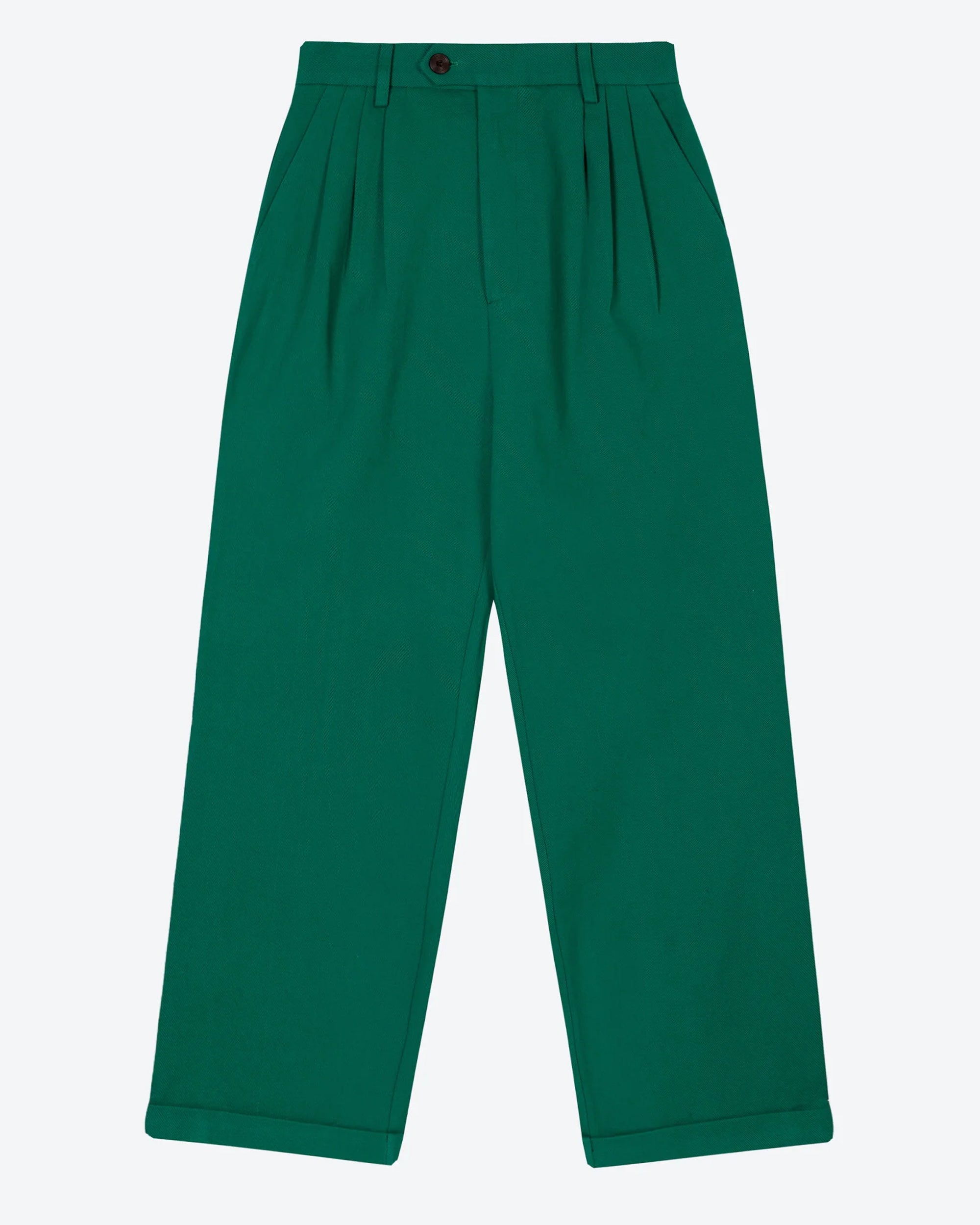 A pair of green pleat front trousers with a tab front opening and back jet pockets.