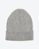 A gray wool ribbed beanie hat with a foldable cuff.