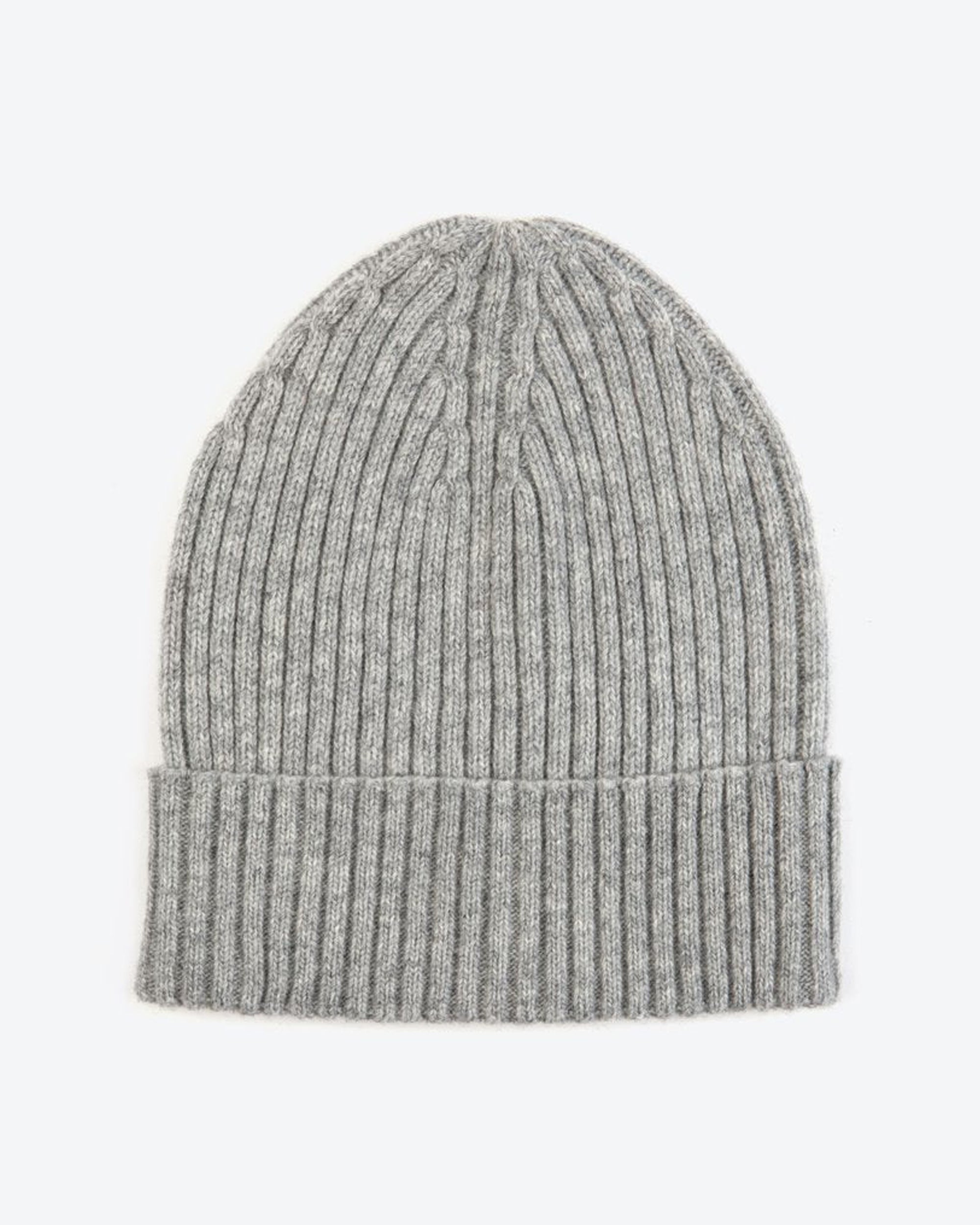 A gray wool ribbed beanie hat with a foldable cuff.