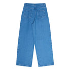 A pair of blue denim jeans with a straight-leg silhouette and back pockets featuring embroidery.