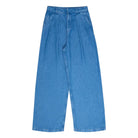 A pair of blue denim jeans with a straight-leg silhouette and back pockets featuring embroidery.