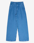 A pair of blue denim jeans with a straight-leg silhouette and back pockets featuring embroidery.
