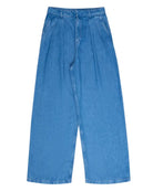 A pair of blue denim jeans with a straight-leg silhouette and back pockets featuring embroidery.