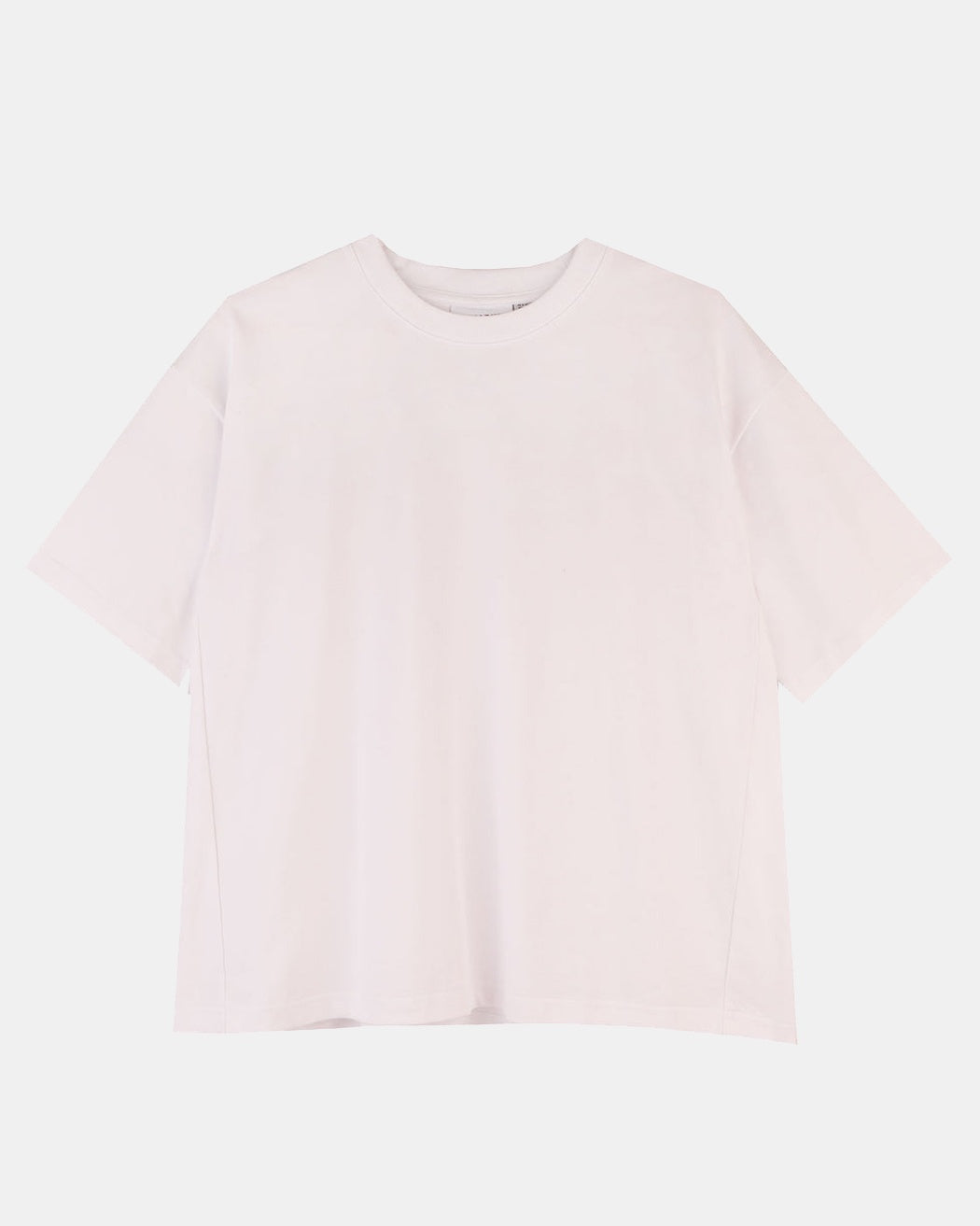 A white, short-sleeved t-shirt with a round neckline and a gathered back yoke, displayed against a plain background.