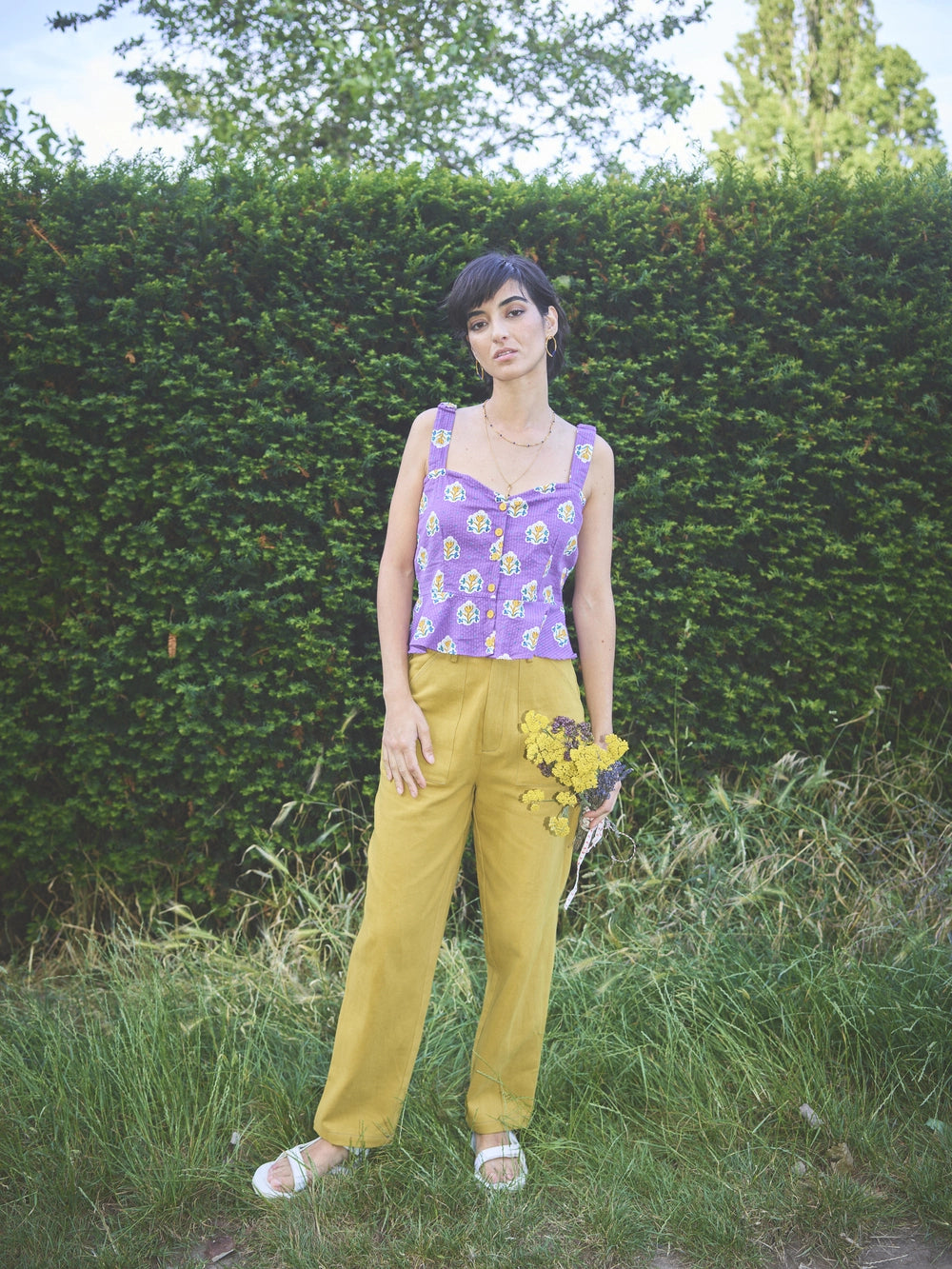 Model wearing Lowie Les Indiennes Lavender Peplum Cami Top with wide straps