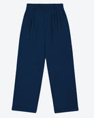 A pair of navy pleat front trousers with a tab front opening and back jet pockets.