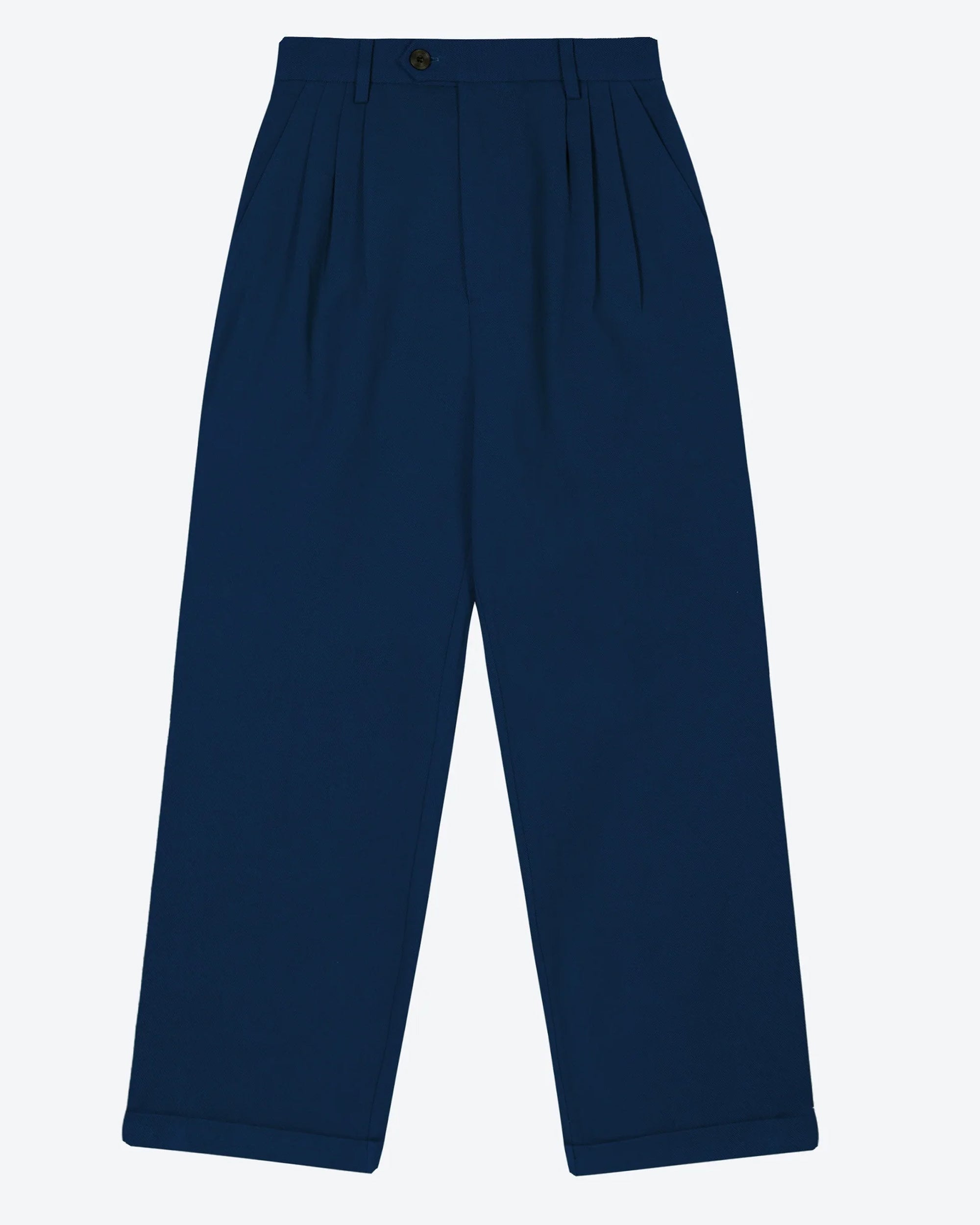 A pair of navy pleat front trousers with a tab front opening and back jet pockets.