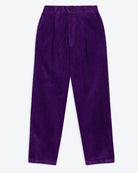 A pair of purple corduroy easy trouser with a 4-pocket design, belt loops, and pleats, displayed against a plain background.