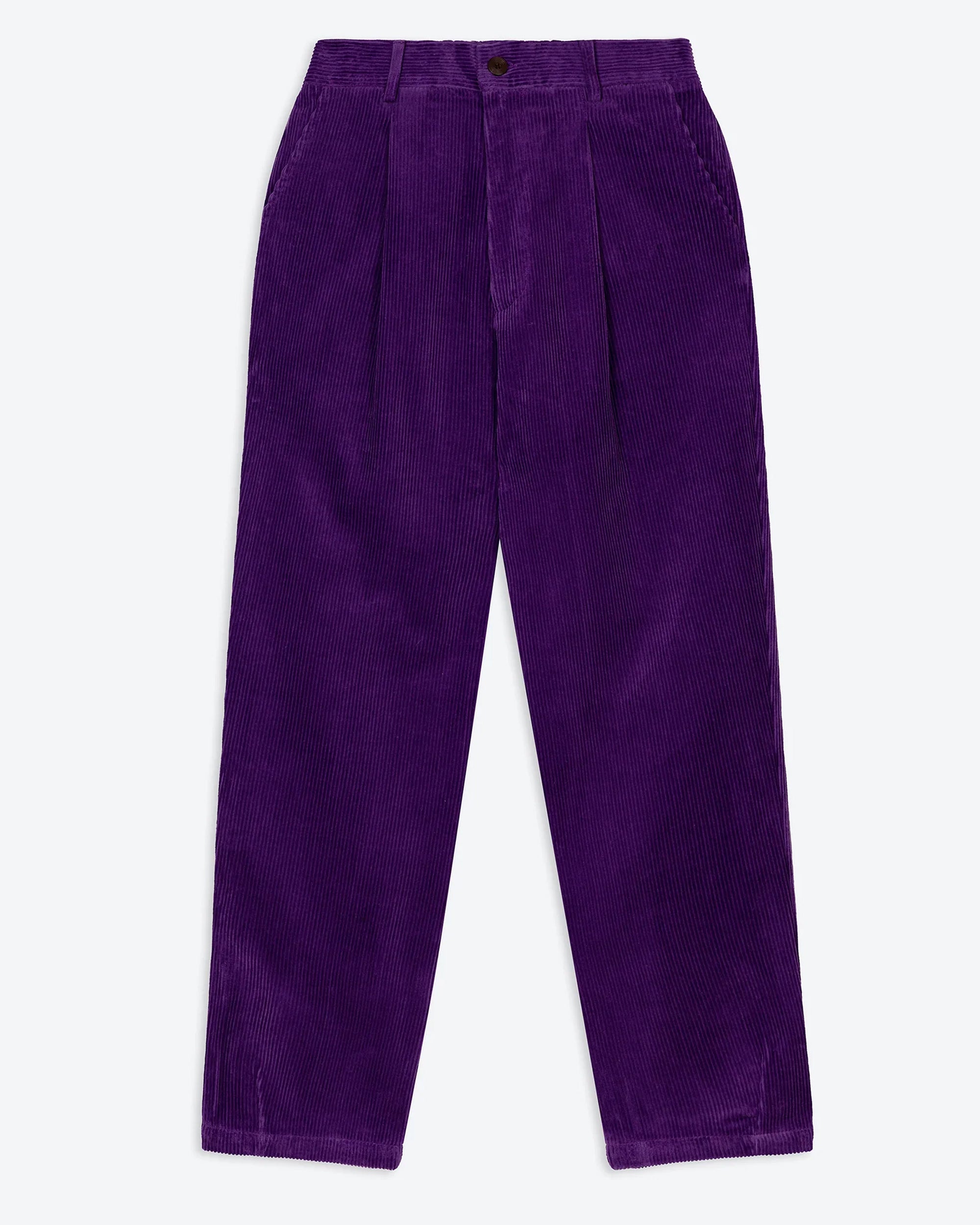 A pair of purple corduroy easy trouser with a 4-pocket design, belt loops, and pleats, displayed against a plain background.
