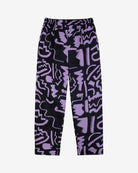 Full-length purple and black scribble print trousers with a high-rise fit and elasticated waistband, including pockets.