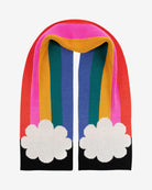 A colorful scarf with vertical stripes in rainbow shades, ending with cloud-like designs at the ends.