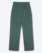 A pair of green pleat front trousers with a tab front opening and back jet pockets.