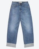 A pair of blue denim jeans with a frayed hem and a deep turn-up at the cuffs, featuring a straight leg cut and mid-rise waist.