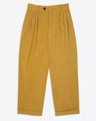 A pair of ochre pleat front trousers with a tab front opening and back jet pockets.