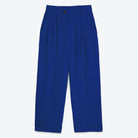 A pair of royal blue pleated linen viscose trousers with ankle length, featuring front button fastening and deep pleats.